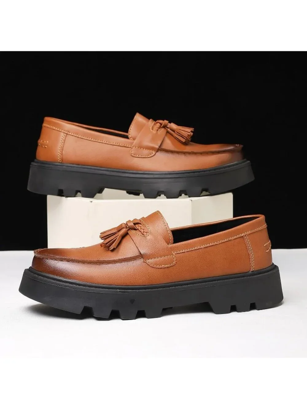 Men's Light Brown Patent Leather Loafers Chunky Heel Tassel Slip On Dress Shoes